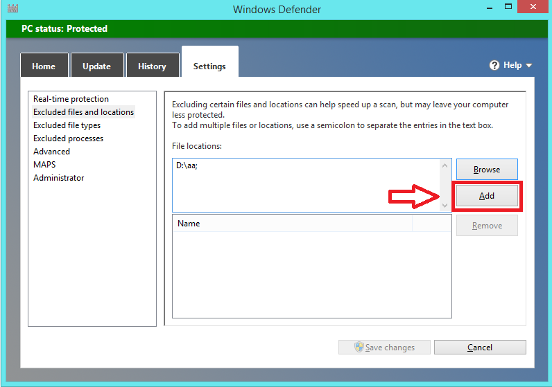 Add an exception to Windows Defender