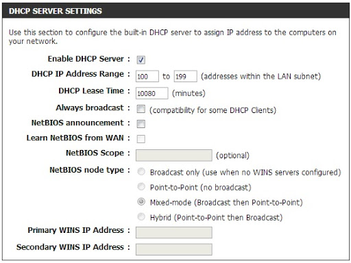 dhcp server settings