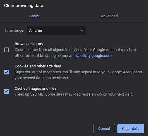 clear google chrome cache