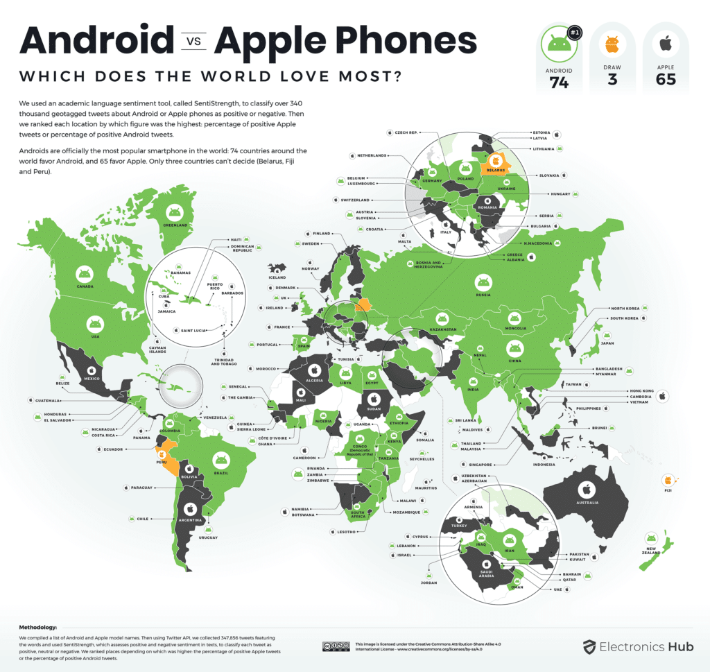 Android vs iOS Usage World Map