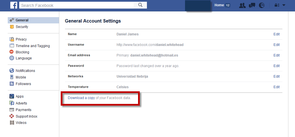 Download a copy of your Facebook data