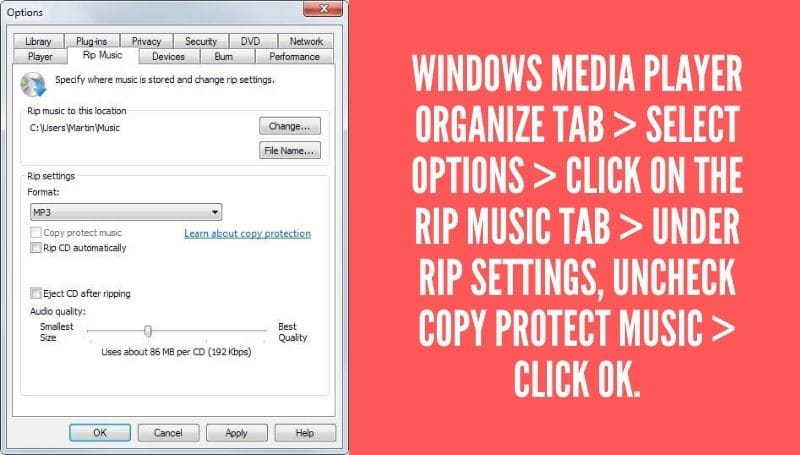 Disable Copy Protection in Windows Media Player