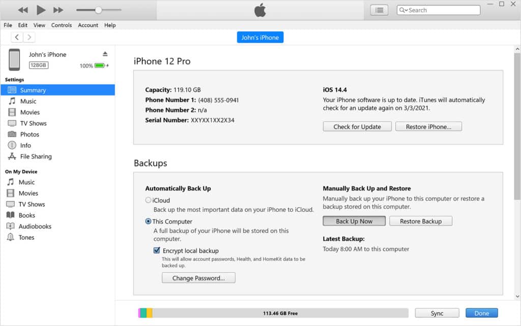 itunes device sync summary back up now on click