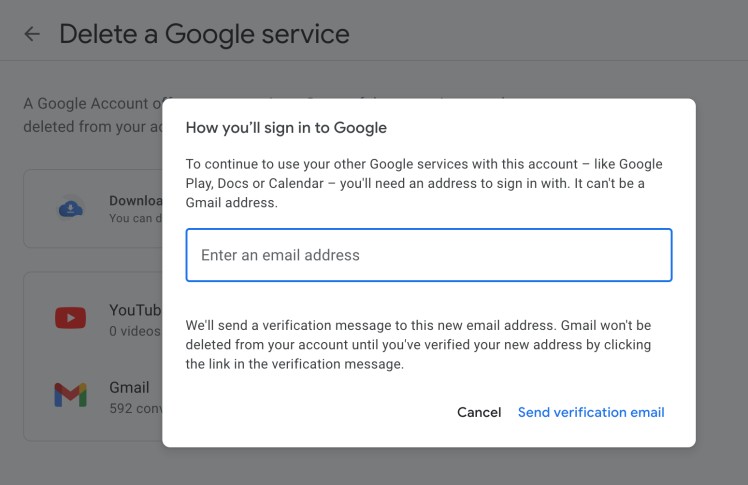 send verification email to delete gmail account