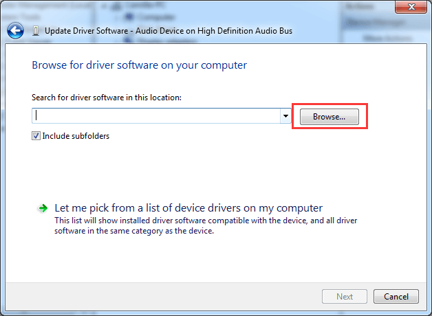 Click Browse and navigate to the location of the downloaded driver file. Select the file and then click Open