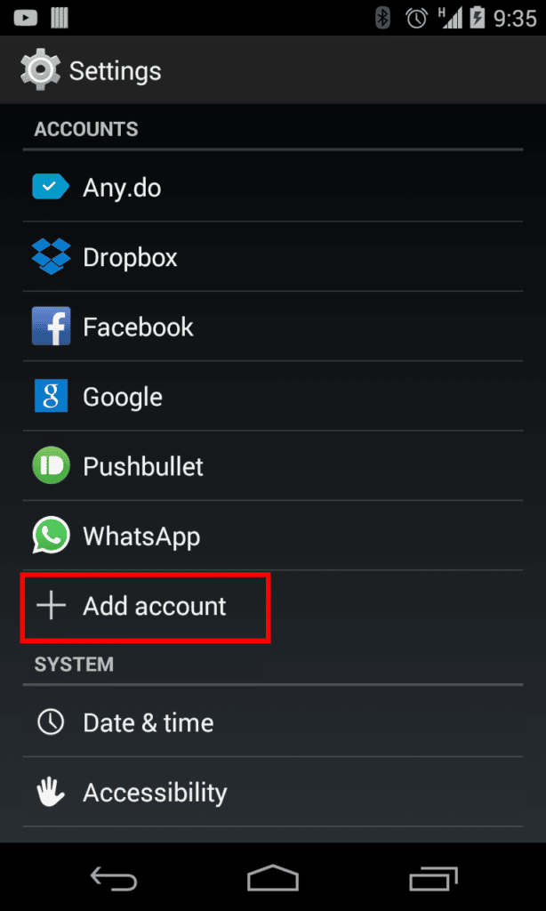 Settings > Accounts > Add Account