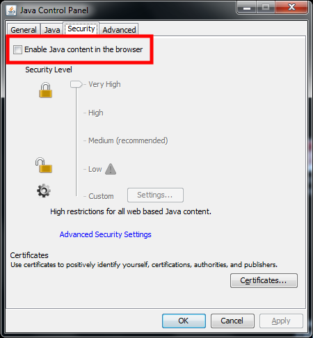 Disable Java Content