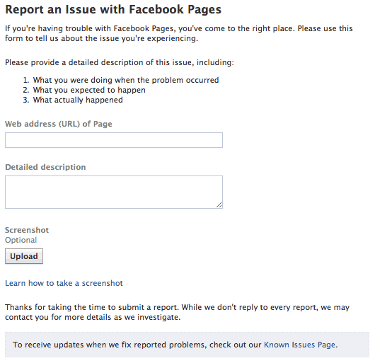 Report an issue with Facebook pages