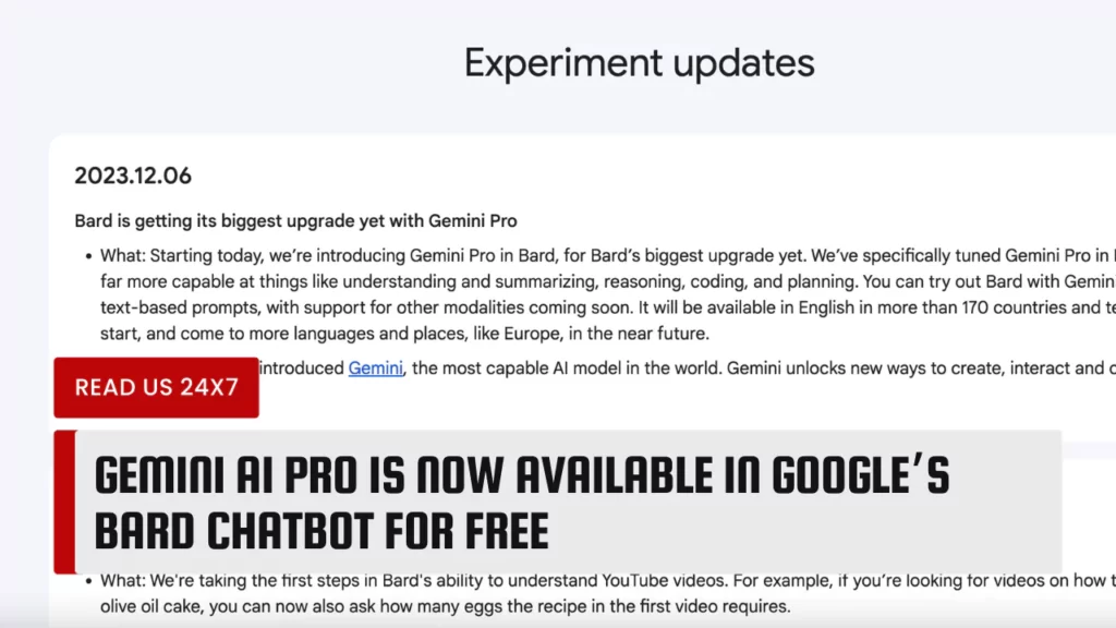 Gemini AI Pro Is Now Available In Google’s Bard Chatbot For Free